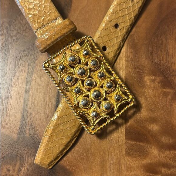 Vintage Carlisle Snakeskin (?) Leather Belt with Gold and Silver Buckle - L